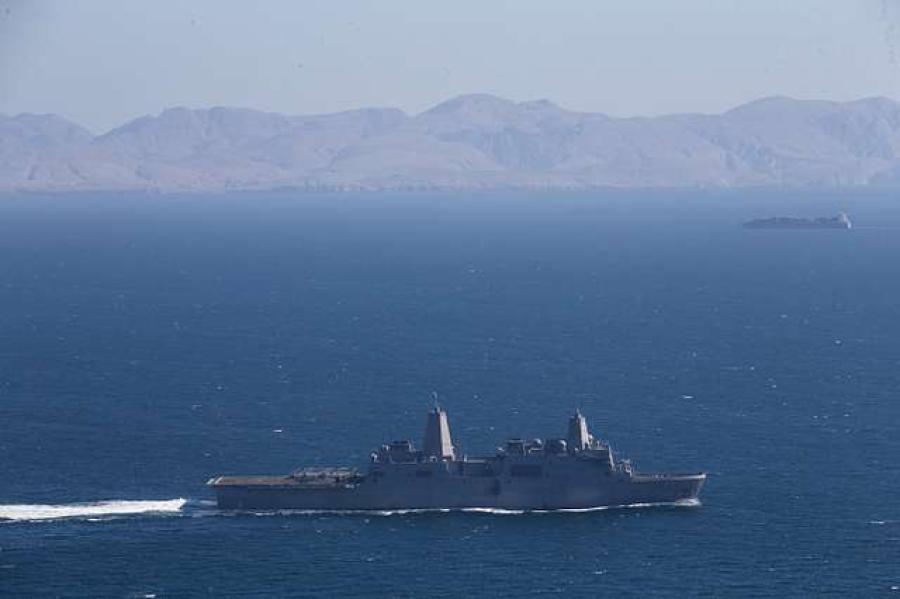 Amphibious transport dock ship USS Somerset (LPD 25) transits the Strait of Hormuz,