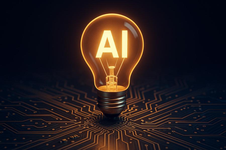 Light bulb growing out of a circuitboard with "AI" glowing in its center