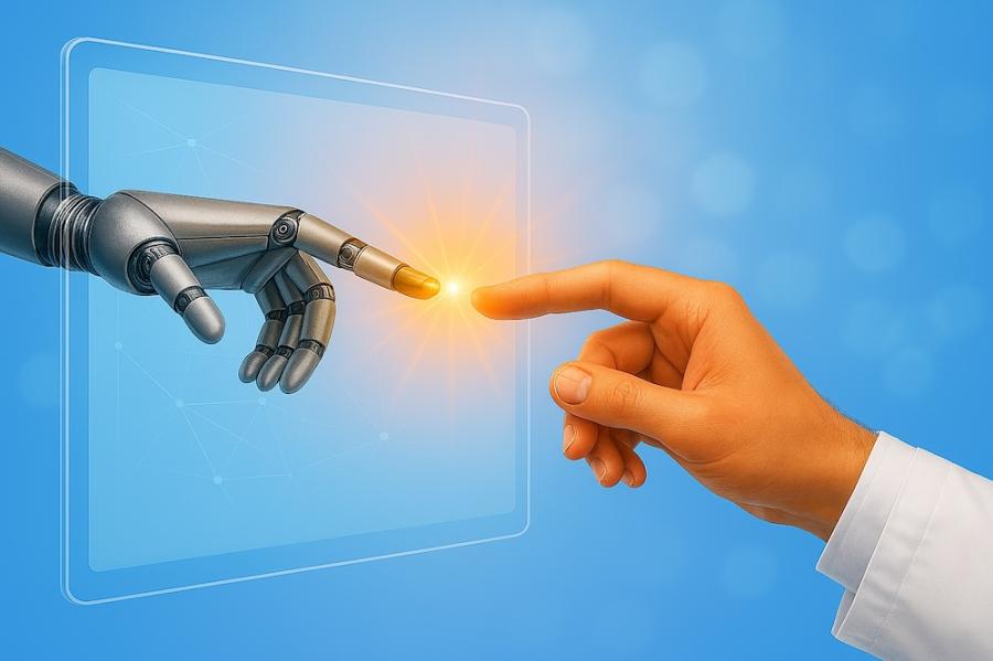 semi-realistic image of a human hand reaching toward a robot hand through a screen