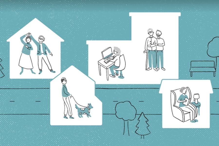 Illustration featuring boxes will figures doing various activities: dancing, walking a dog, reading a book in a chair