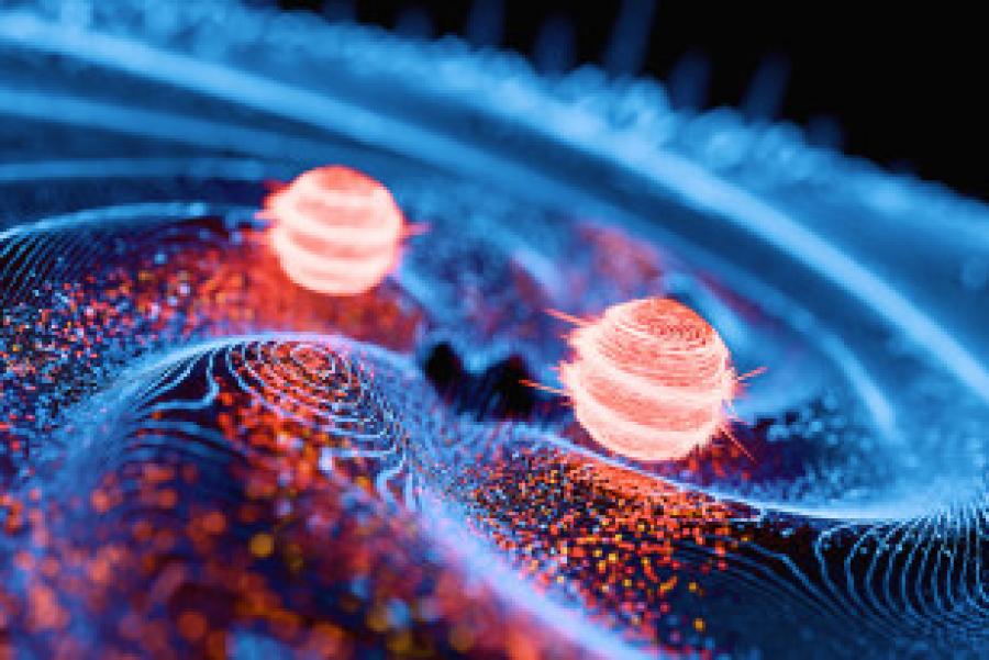 Two glowing red balls situated on blue waves