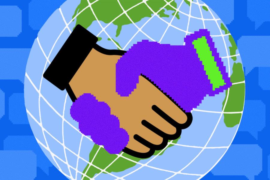 Illustration showing two cartoon hands clasped in front of an Earth