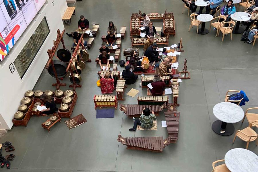 an overhead look at people playing in a band