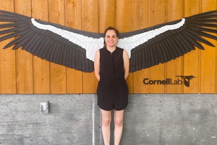 Person in a black outfit standing so a very large pair of black and white wings – a lifesize model of a California condor – spreads out behind her. It looks like she has wings