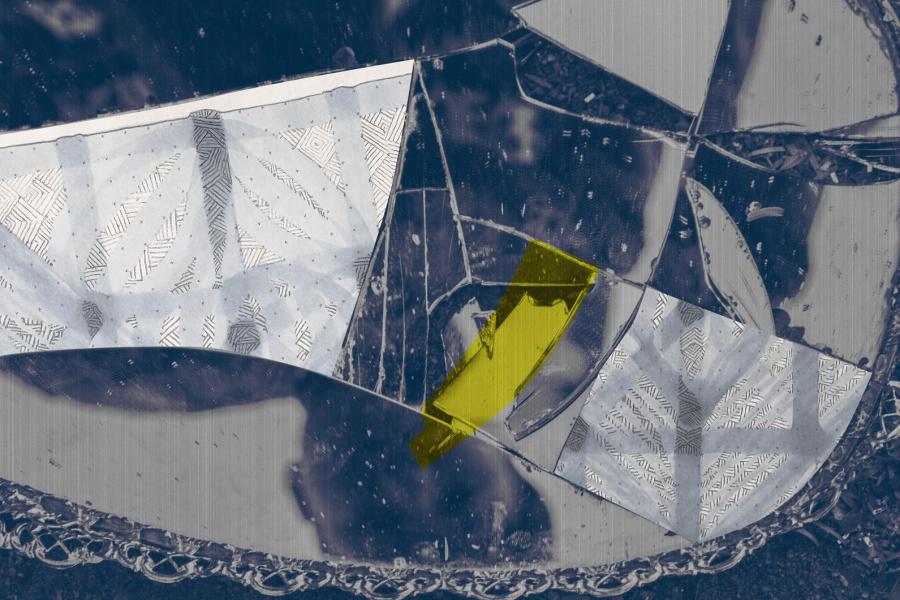 Illustration showing a face peering into a broken mirror in which some of the fragments are sketched over with patterns drawn in pencil
