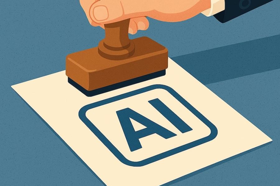 Illustration of a hand rubber stamping a paper with "AI" written on it