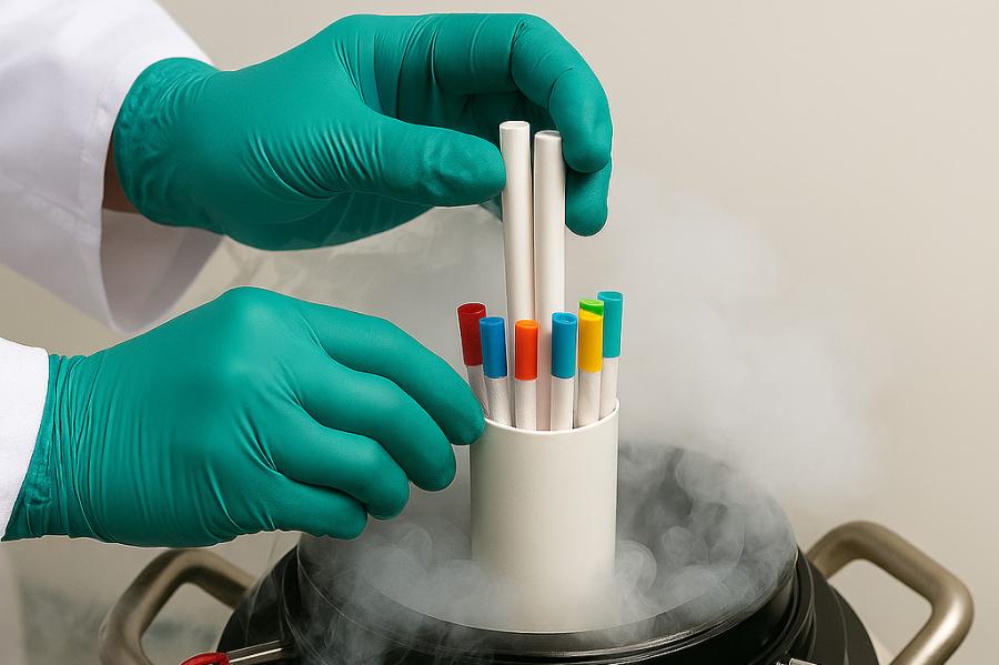 Two hands with green gloves on handle a set of white tubes at the mouth of a cryogenic tank with vapor