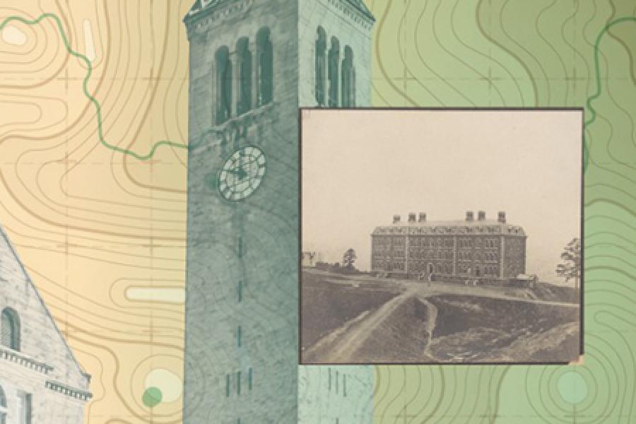  Illustration showing a clock tower over green and yellow