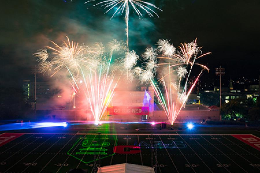 Fireworks over the Cornell Crescent at the football field 