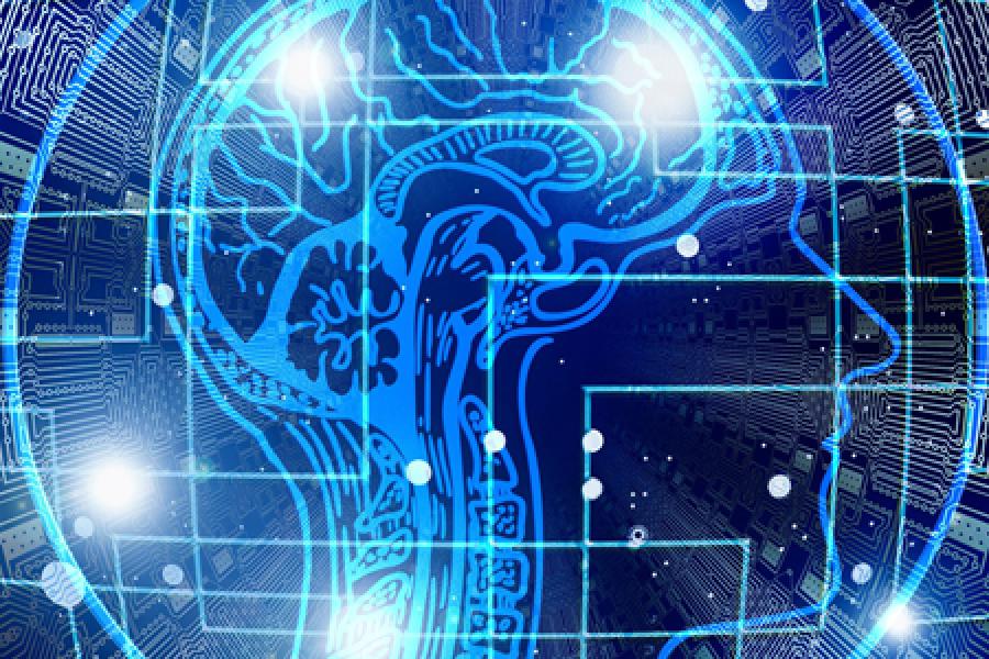  artificial intelligence graphic with brain,  lights and circuits