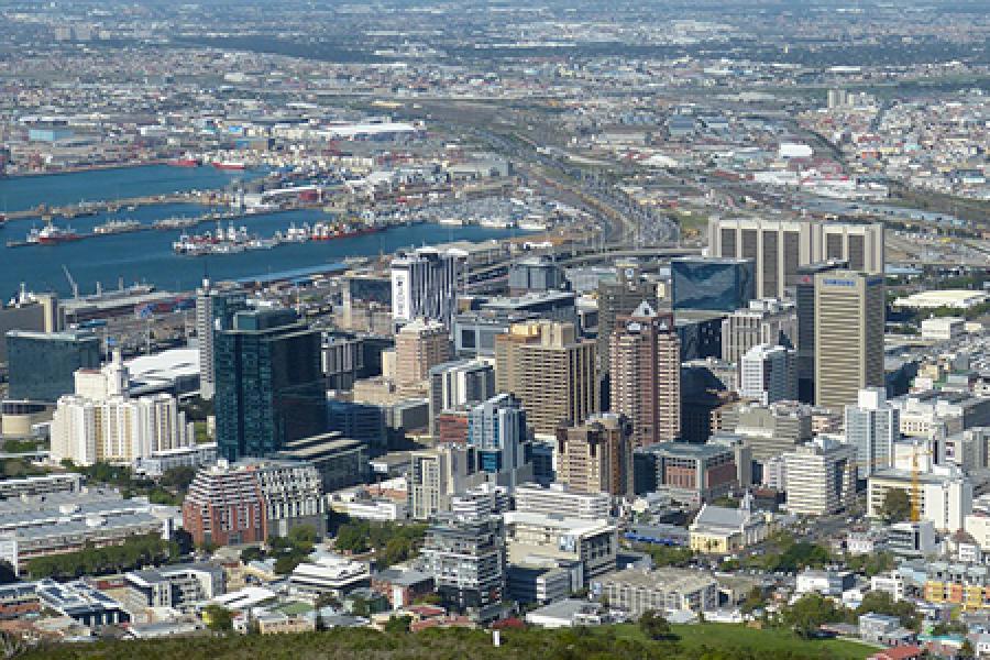 City with mountains beyond