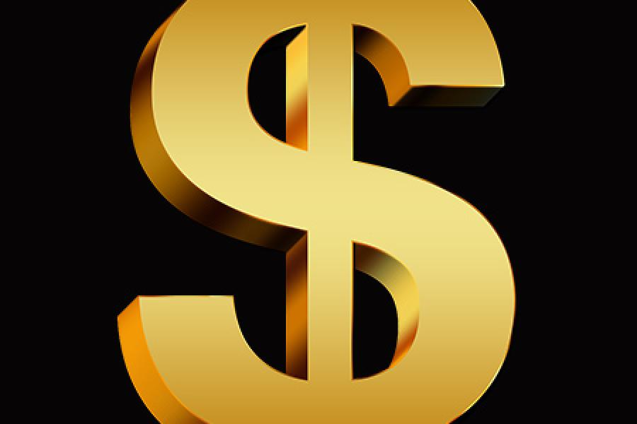  A gold US dollar sign on a black background