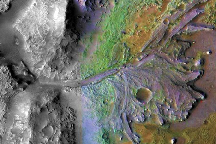  Multi-colored terrain on Mars, seen from above