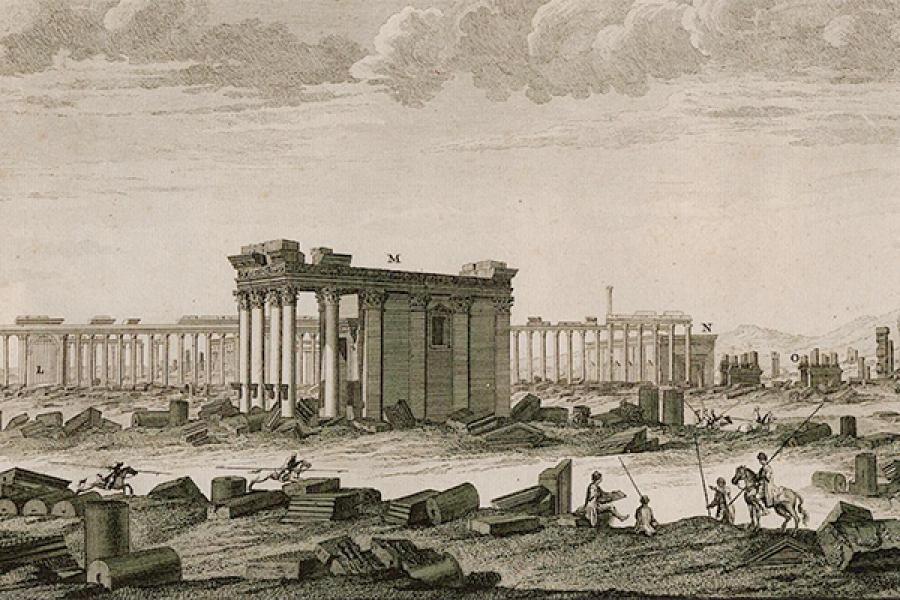 Antique drawing of an ancient building with columns