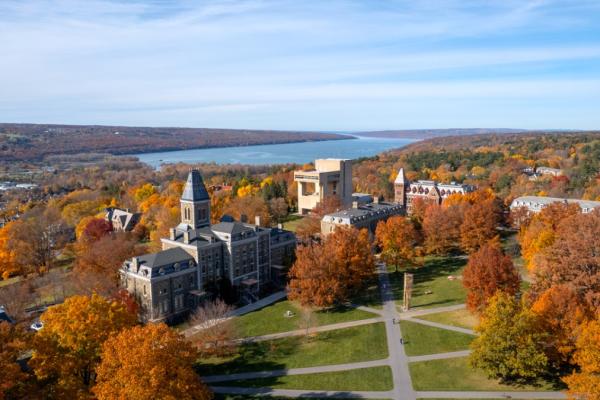 Aerial view of the Arts Quad in the fall