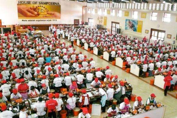 hundreds of workers wearing red caps bend over long tables, rolling cigarettes