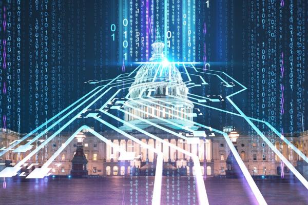 Illustration of zeros and ones illuminated over a photo of the U.S. Capitol Building at night