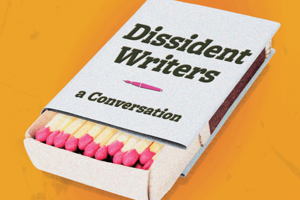 A book cover with the title "Dissident Writers — A Conversation" that is actually a cover for a box of matches.