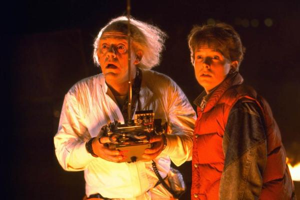 Two actors in a scene from the movie "Back to the Future"