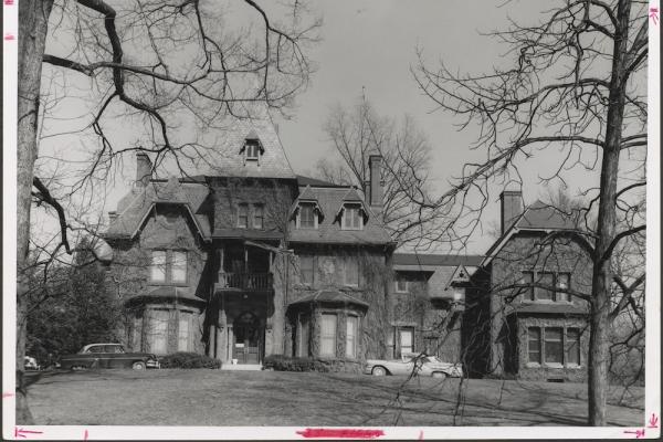 A black and white image of a Gothic mansion, Cornell's A. D. White House