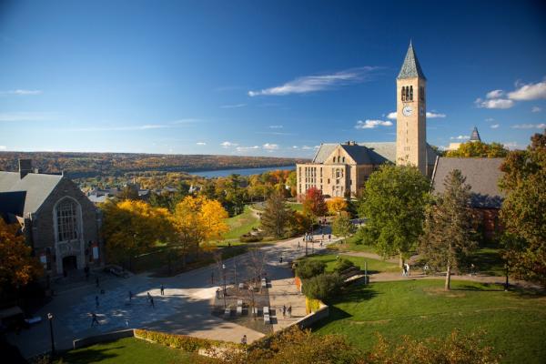 Blue sky, clock tower, fall foliage on a college campus seen from above