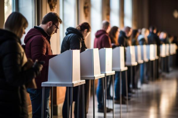 A long row of people using small white voting booths