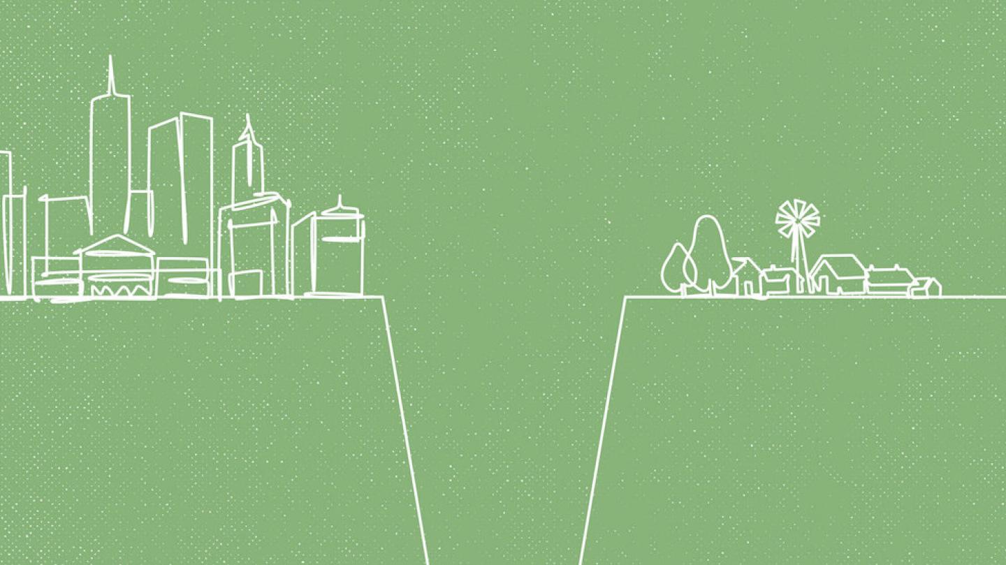 White line drawing on green background showing city on one side of a chasm and a farm on the other