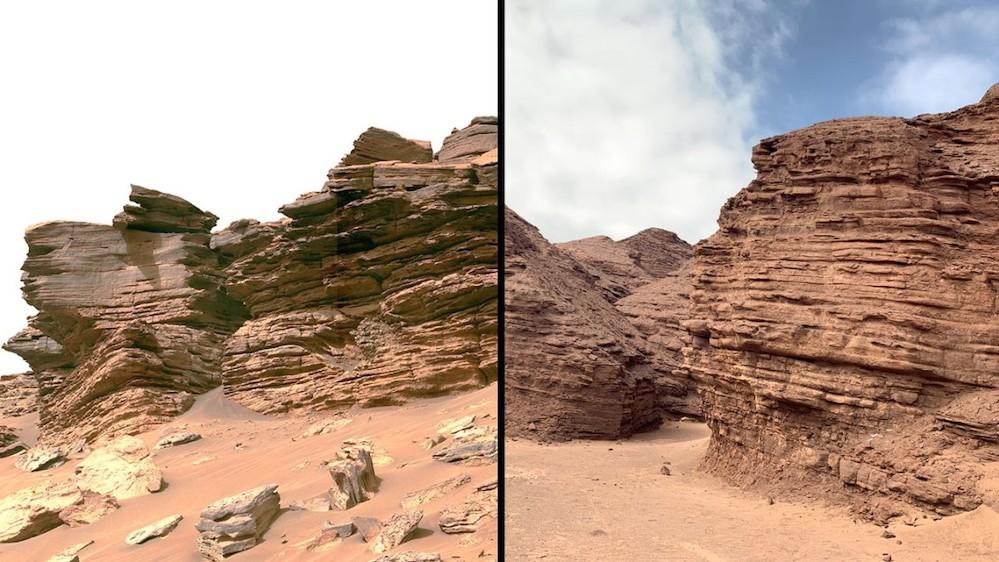 Split image showing a rocky landscape on both left (Mars) and right (Atacama Desert in Chile)