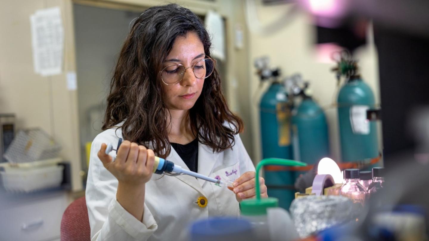 Person in a white lab coat piping something into a test tube