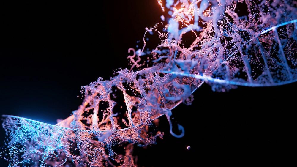 Illustration of a DNA double helix in blue and purple dots