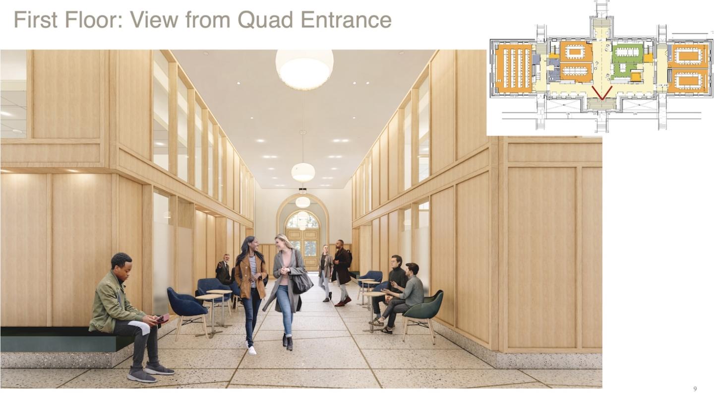 Realistic rendering of the main entrance from the Arts Quad.