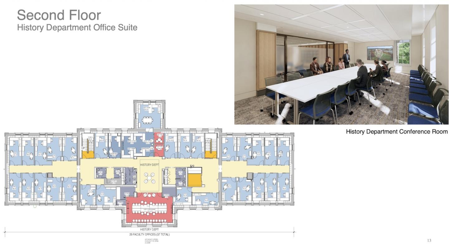 Plans and realistic rendering of the second floor History department office suite