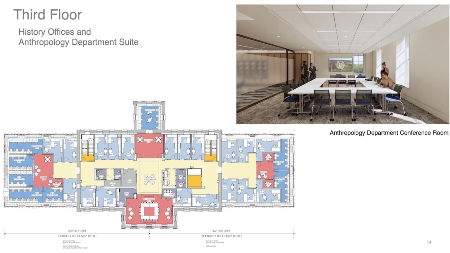 Plans and realistic rendering of the third floor, Department of History and Anthropology offices