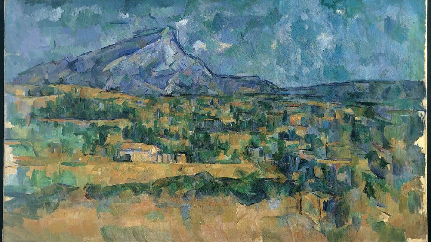 Painting of a mountain in blues, golds and greens