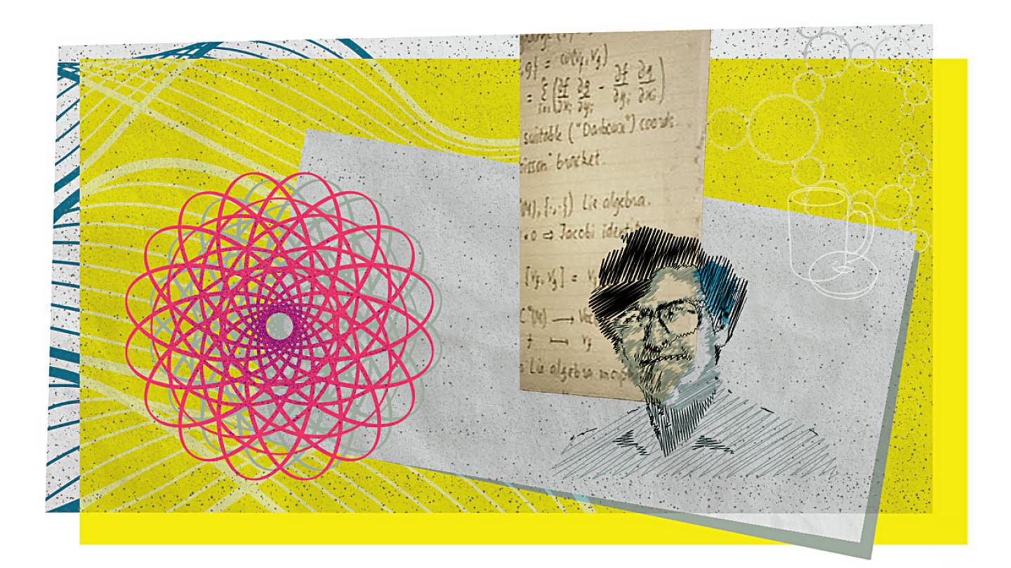 Illustration featuring algebraic topology imagery on a yellow background, a sketch of Bill Thurston's headshot, and a paper with mathematical equations.