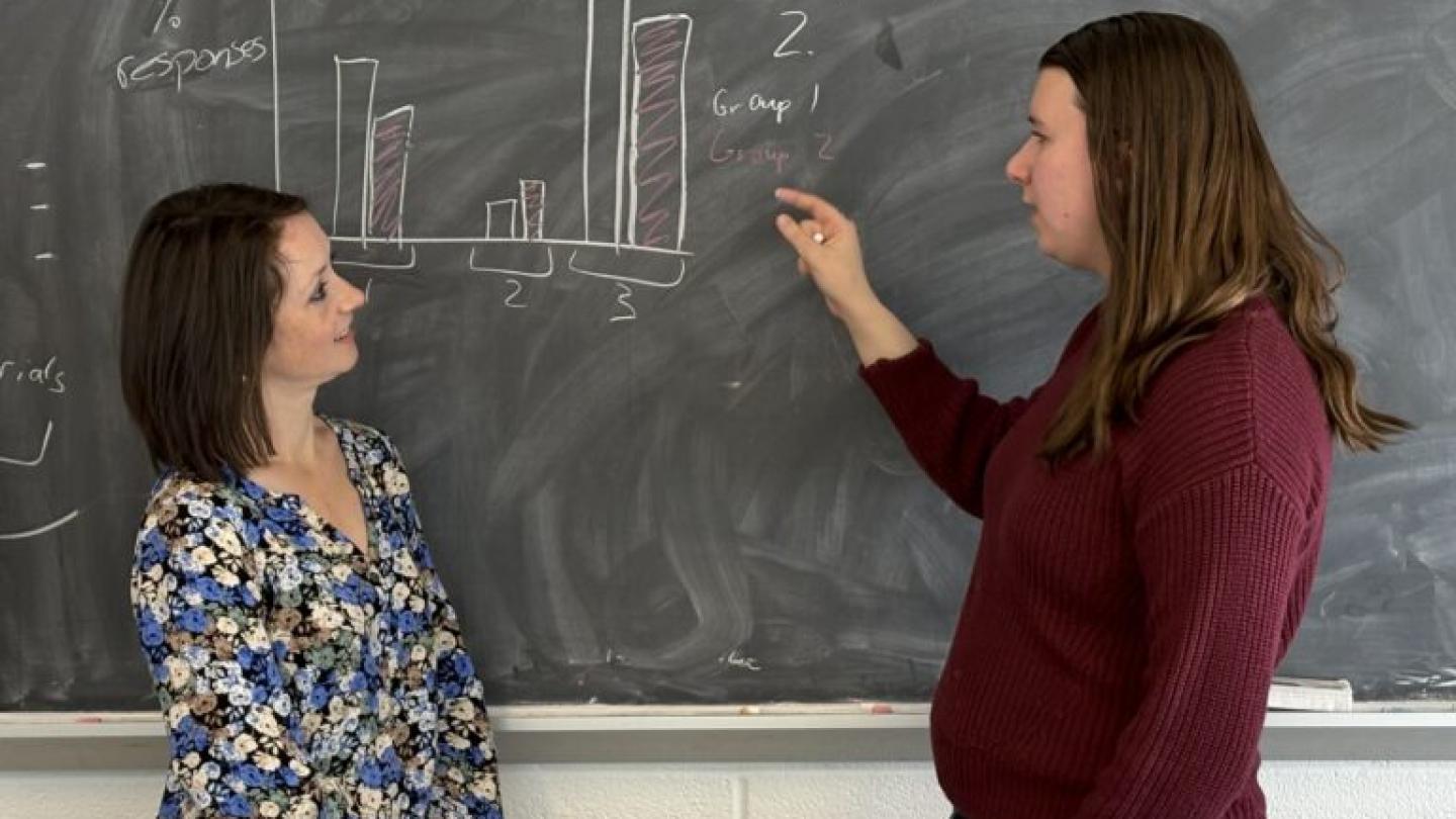 Two people standing at a chalk board, talking about a graphic