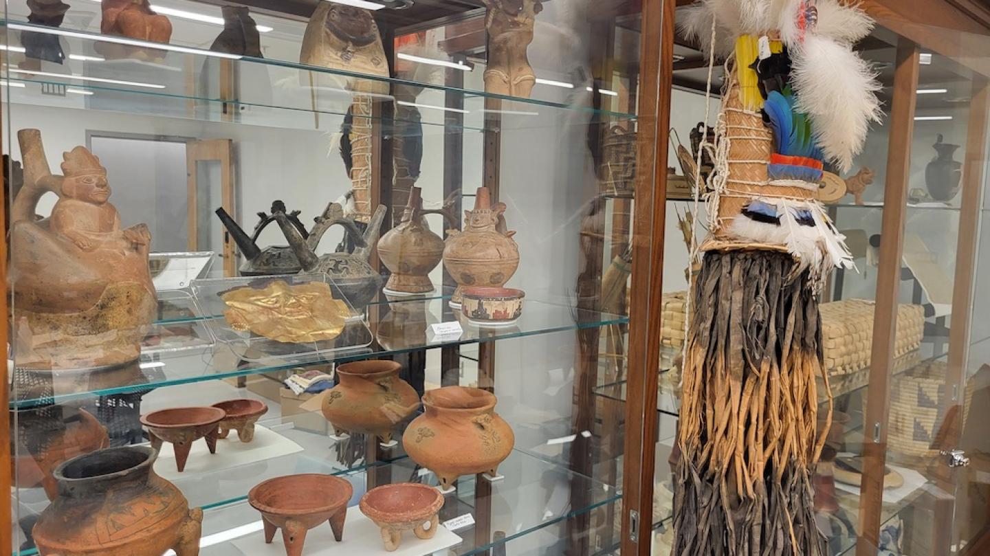 Glass shelves in wooden cases holding pieces of pottery