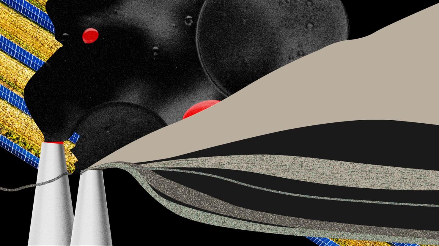Abstract illustration featuring solar panels, smoke, water, and chart flows, primarily monochrome with yellow, blue, and red accents