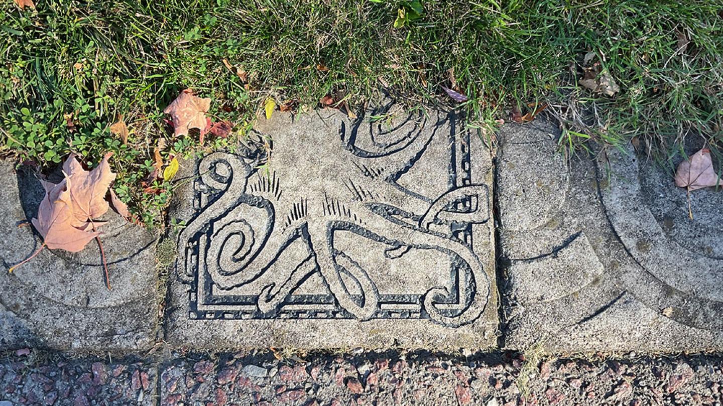 Close up of a paving stone carved with an octopus, next to grass