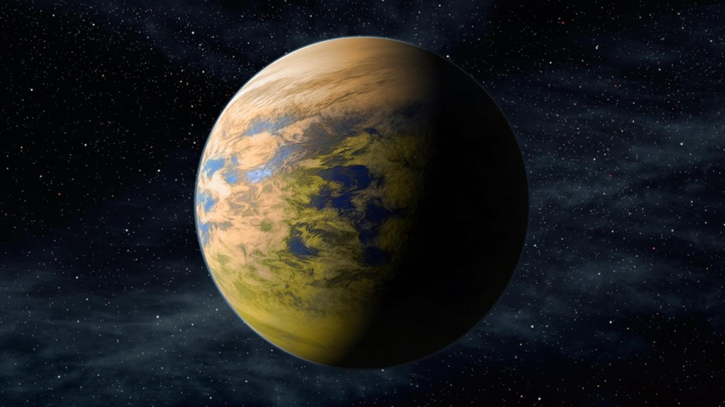 Illustration of a planet covered in orange-tinted clouds