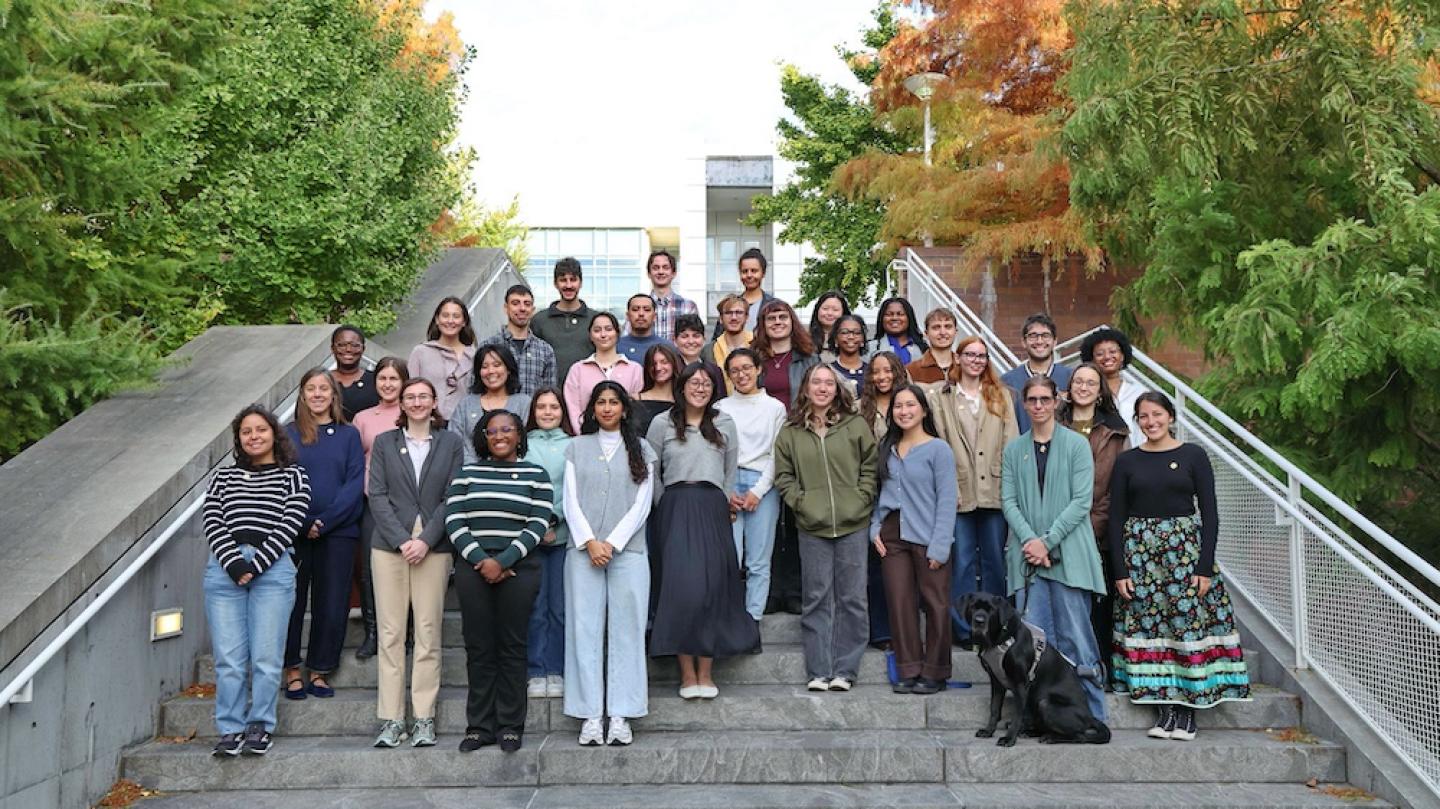 a few dozen people stand on an outdoor staircase