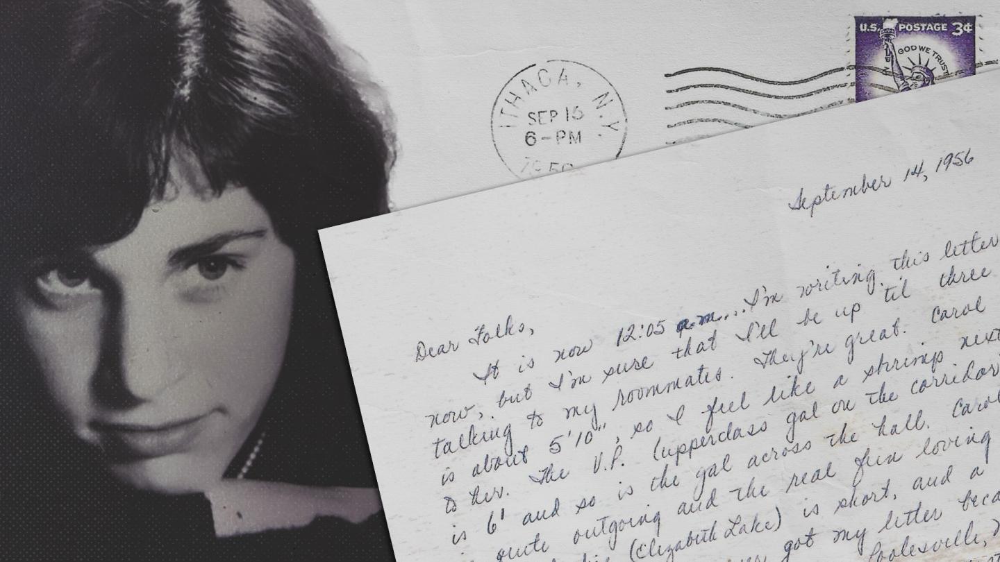 Black and white image of a college student's face next to an image of a hand-written letter