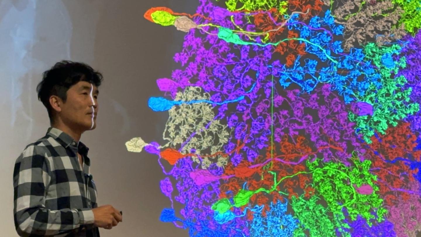 Man with checkered shirt standing in front of a screen with a multi-colored quilt of neurons