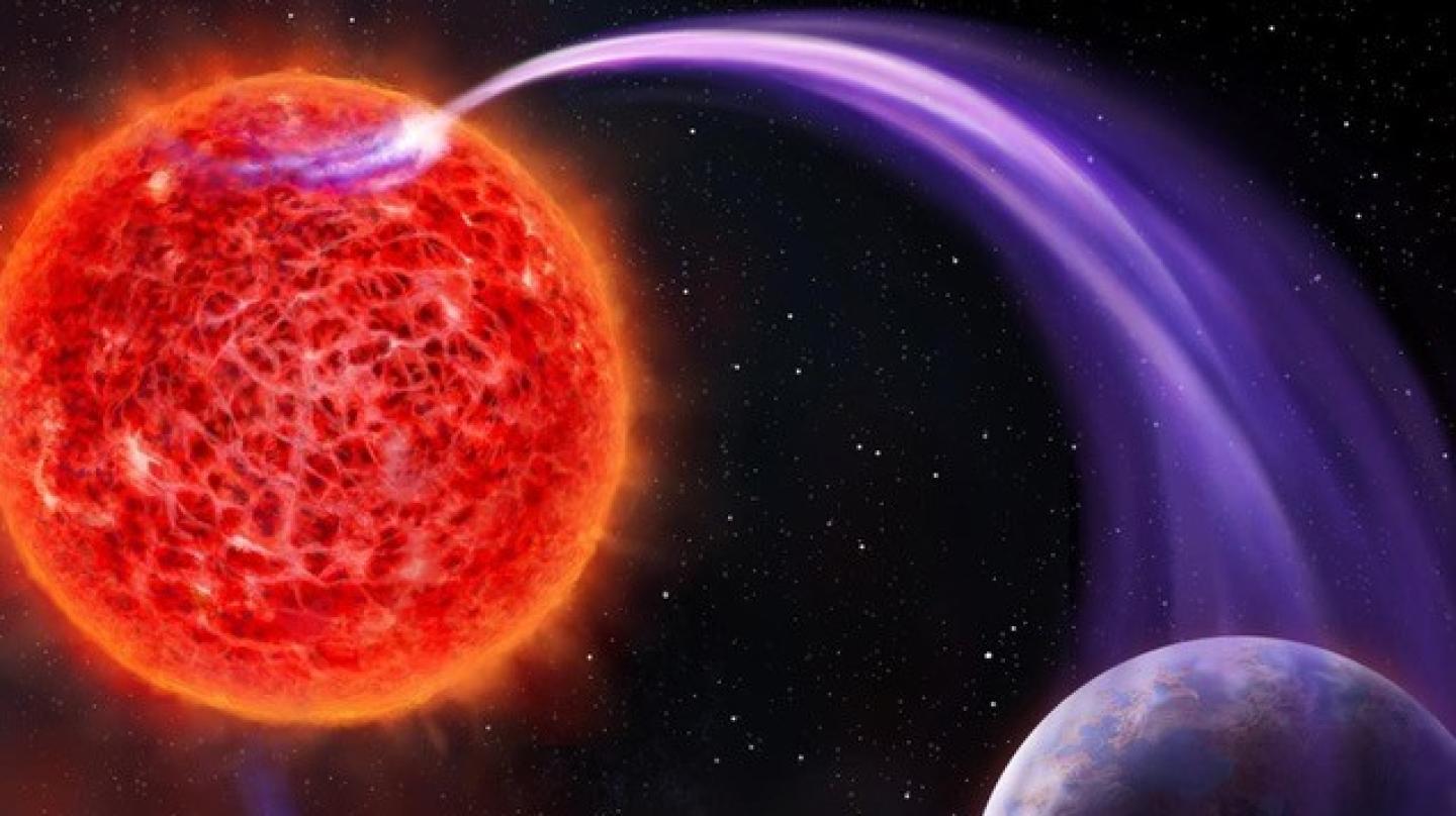A red star and an earth-like planet with purple lines between them (illustration)