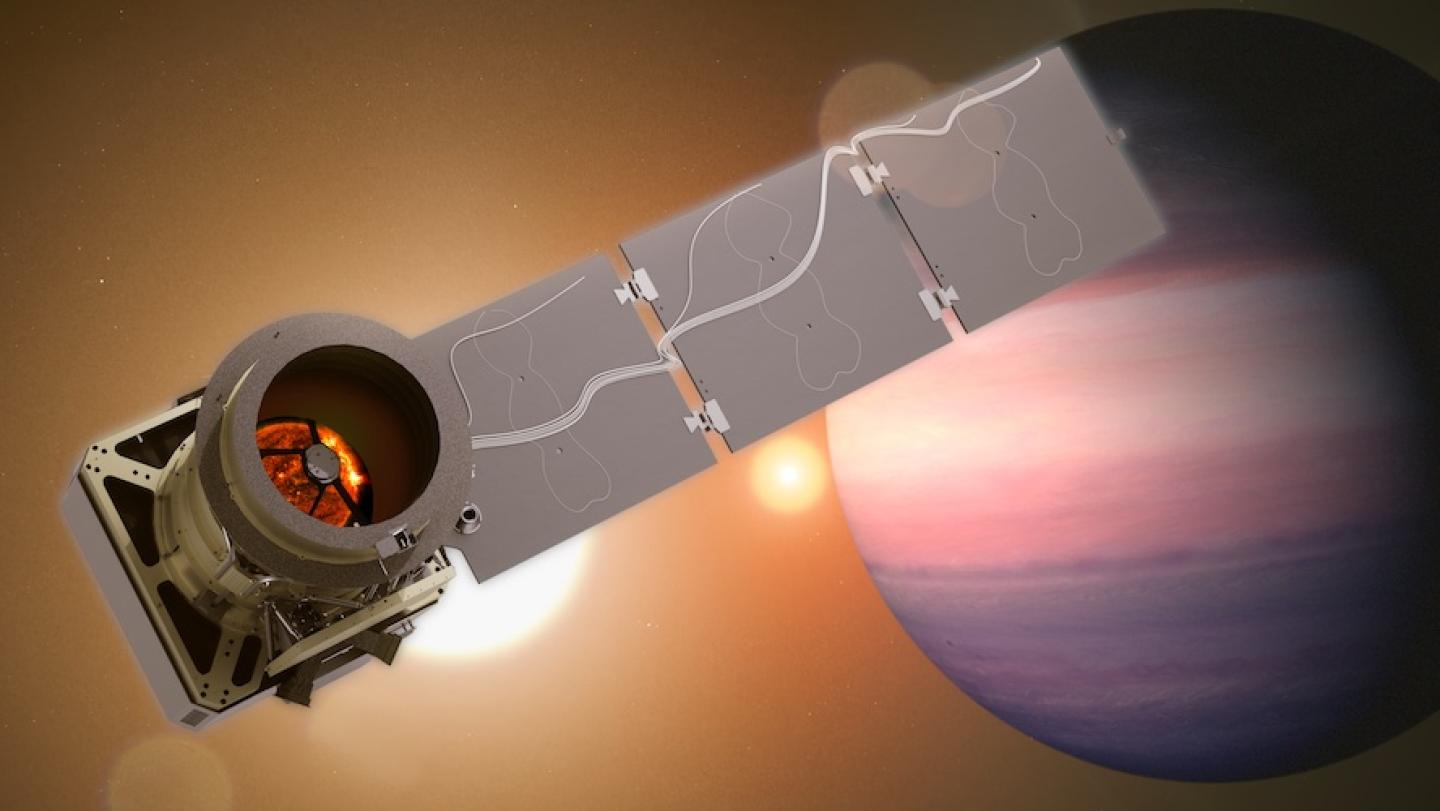 Artist's illustration of the Pandora spacecraft with an exoplanet and two stars in the background