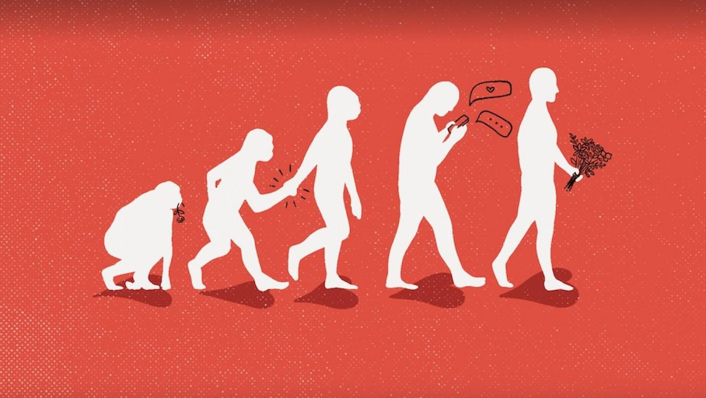 Illustration parody of an ape evolving into a human–holding a bouquet of flowers