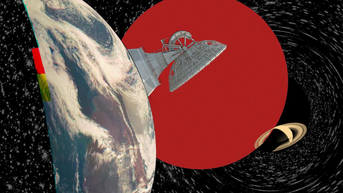 Decorative illustration featuring parts of planet Earth, a round red circle, and Saturn, on the black and white textured background