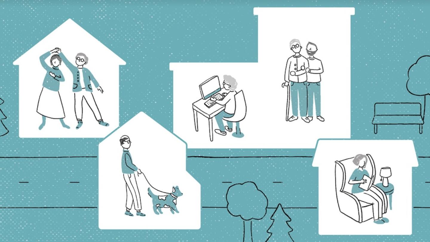 Illustration featuring boxes will figures doing various activities: dancing, walking a dog, reading a book in a chair